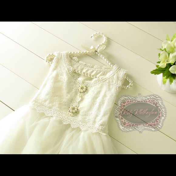 GIRLS WHITE LACE TULLE DRESS WITH PEARLS - Picture 4 of 5